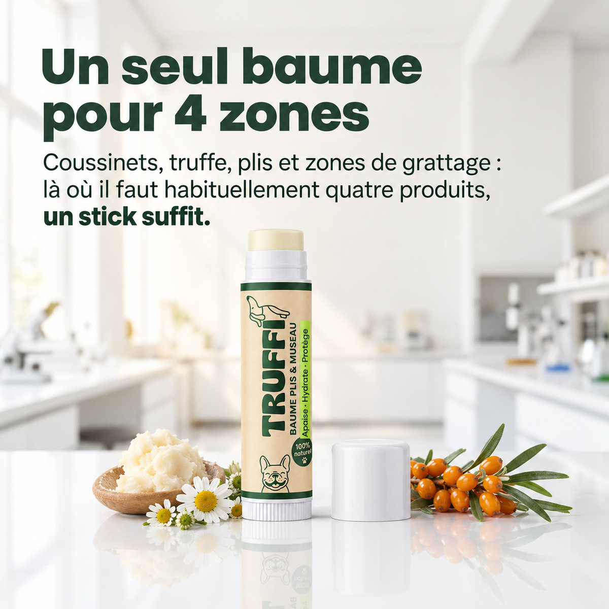 Un seul baume Truffi pour quatre zones : coussinets, truffe, plis et zones de grattage