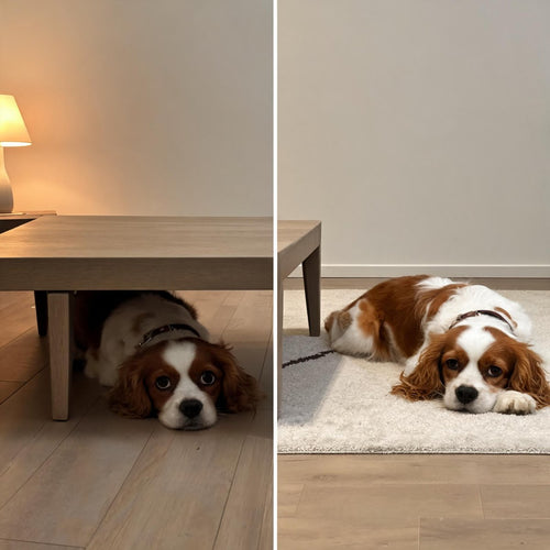 Cavalier king charles avant et apres : chien cache sous la table basse, puis detendu sur le tapis