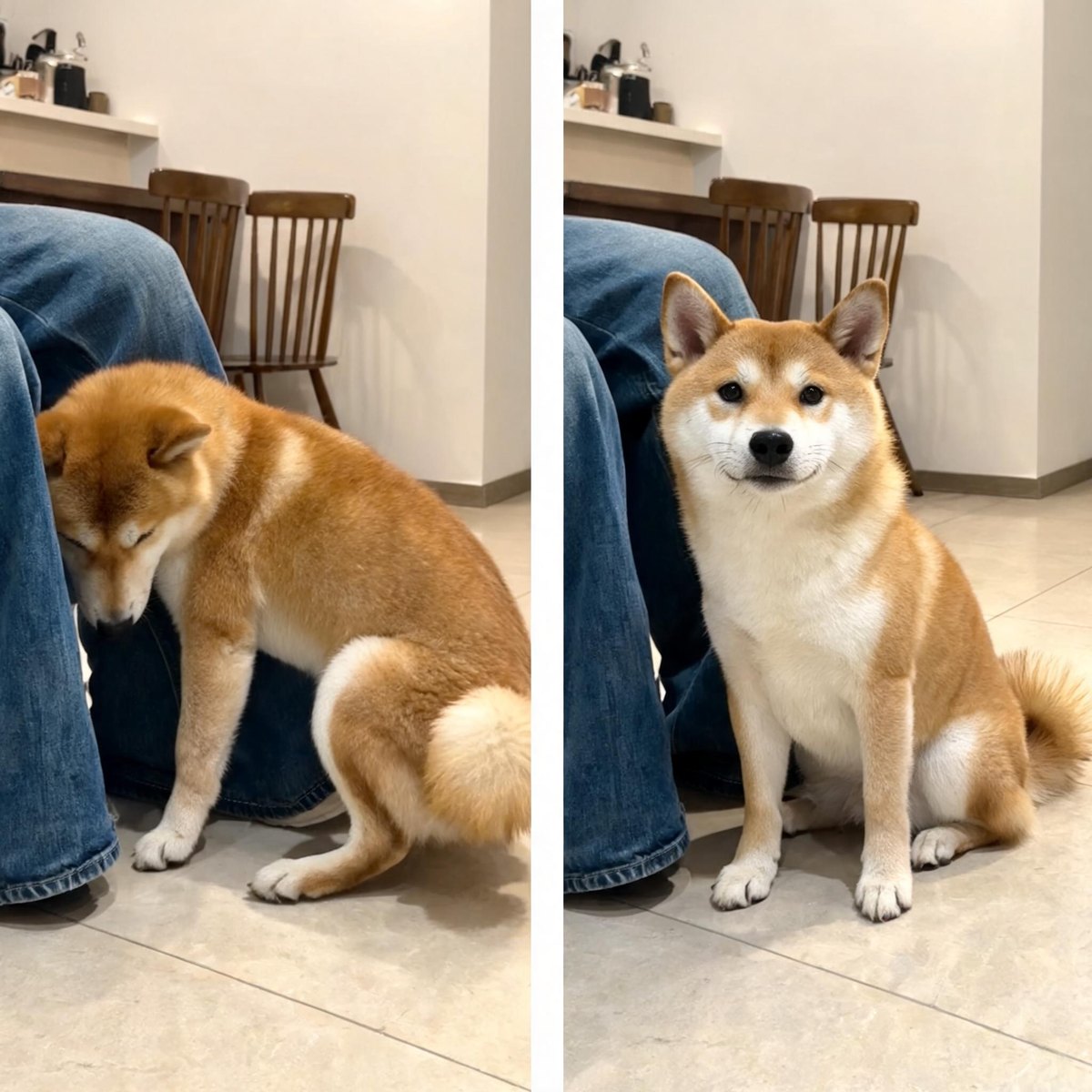 Shiba inu avant et apres : chien colle aux jambes de son maitre, puis assis calmement Image