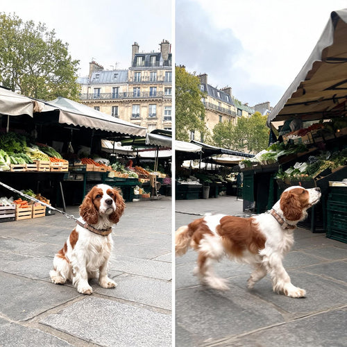 Cavalier king charles avant et apres : chien assis qui refuse d avancer au marche, puis marchant d un bon pas