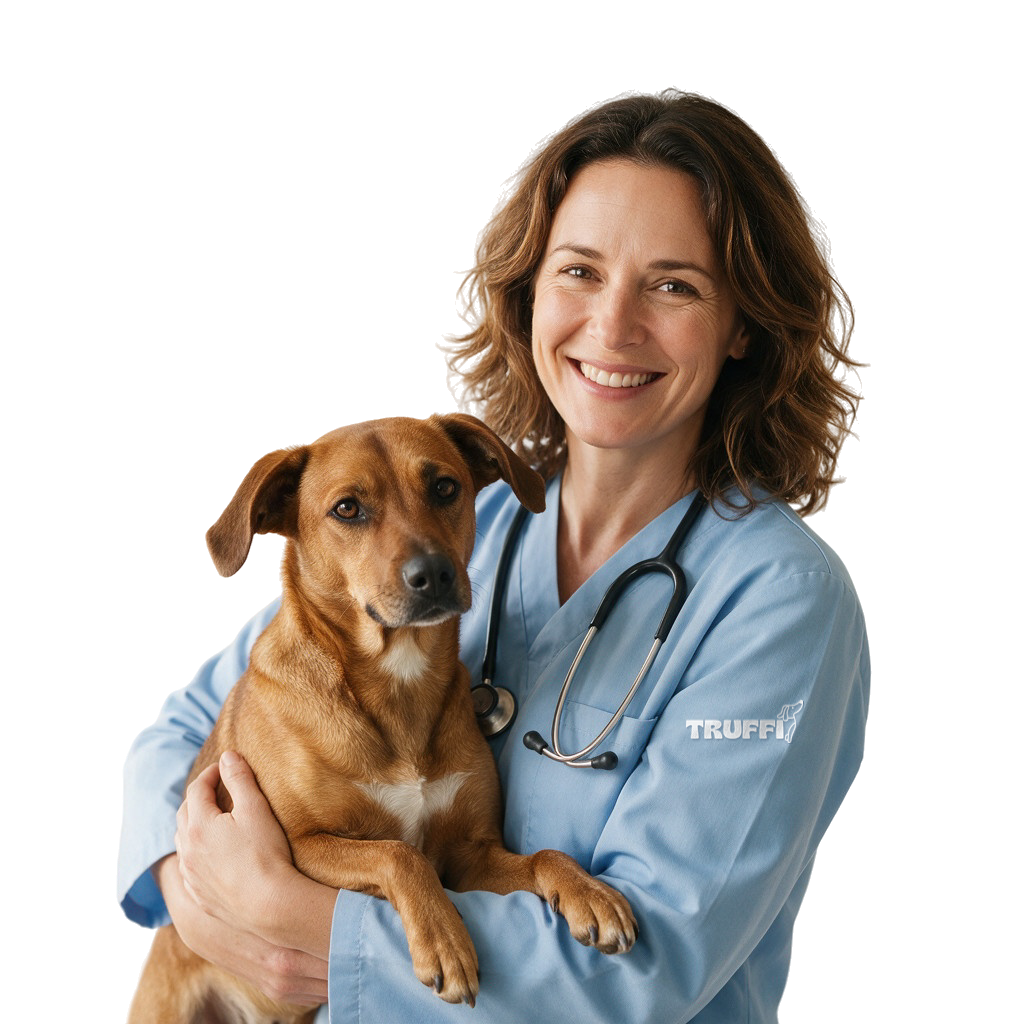 Vétérinaire tenant un chien, logo Truffi brodé sur la blouse Image